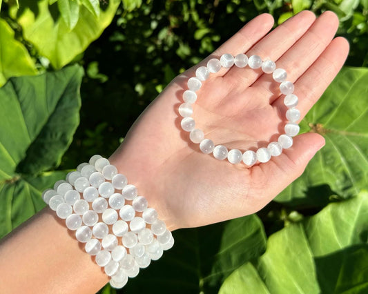 Pulseira Selenite 6mm -Limpeza Energética; Paz de Espírito; Cansaço Mental e Dores